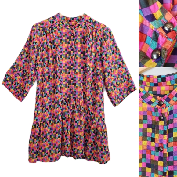 French Connection Dresses & Skirts - French Connection Multicolor Checked Babydoll Dress Button Up 3/4 Sleeve Size 6